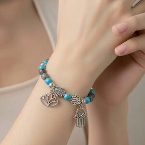 Turquoise & LARVAKITE Hamsa & Lotus Charm Bracelet 6.75"